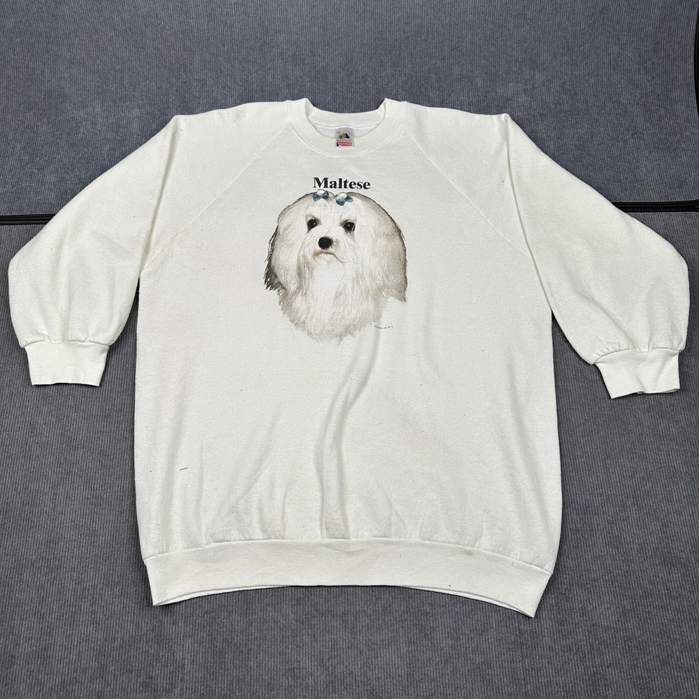 Vintage 90s Fruit of the Loom Maltese Dog Graphic Sweatshirt White XXL 1990